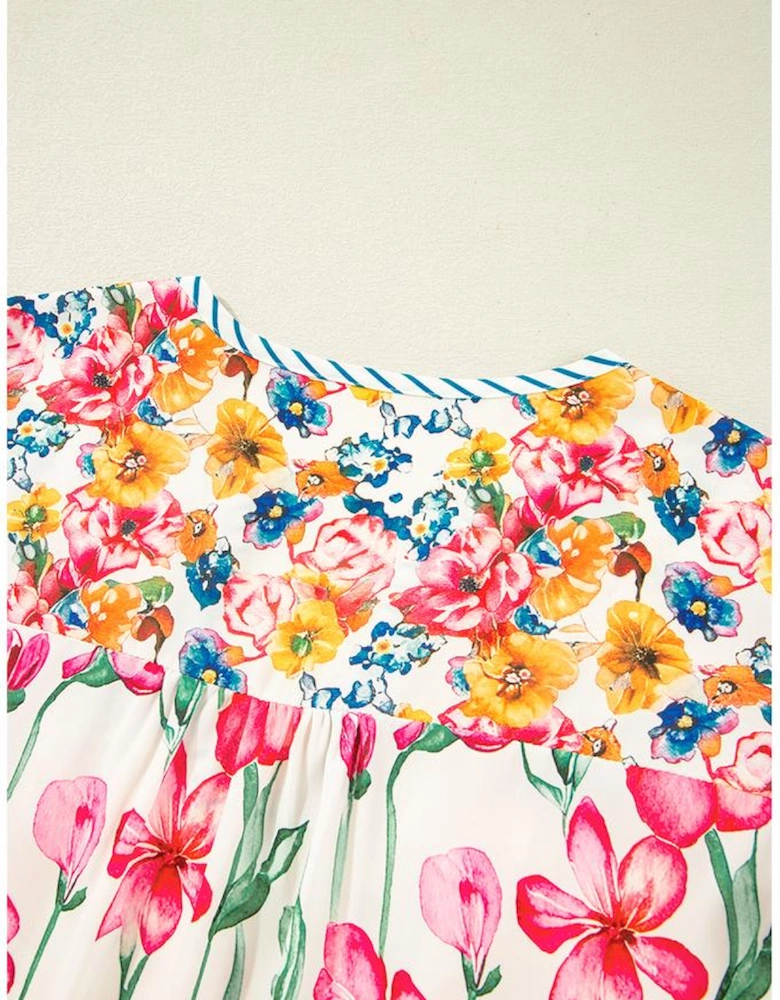 Pink Plus Size Floral Print Striped Trim V Neck Blouse