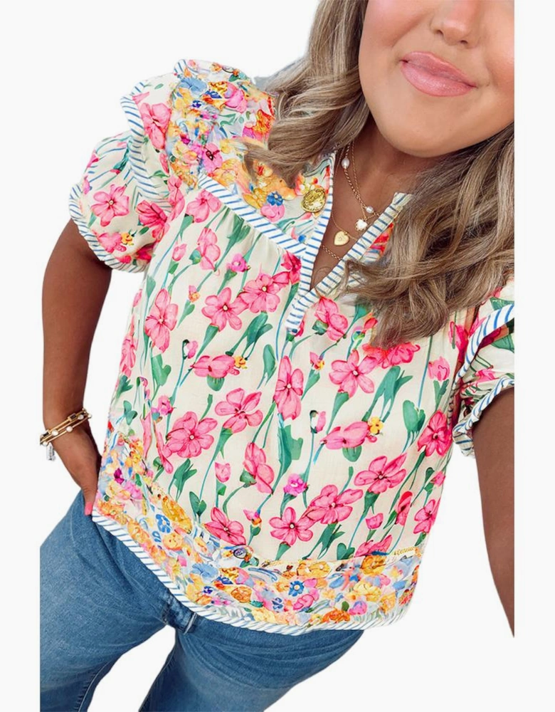 Pink Plus Size Floral Print Striped Trim V Neck Blouse