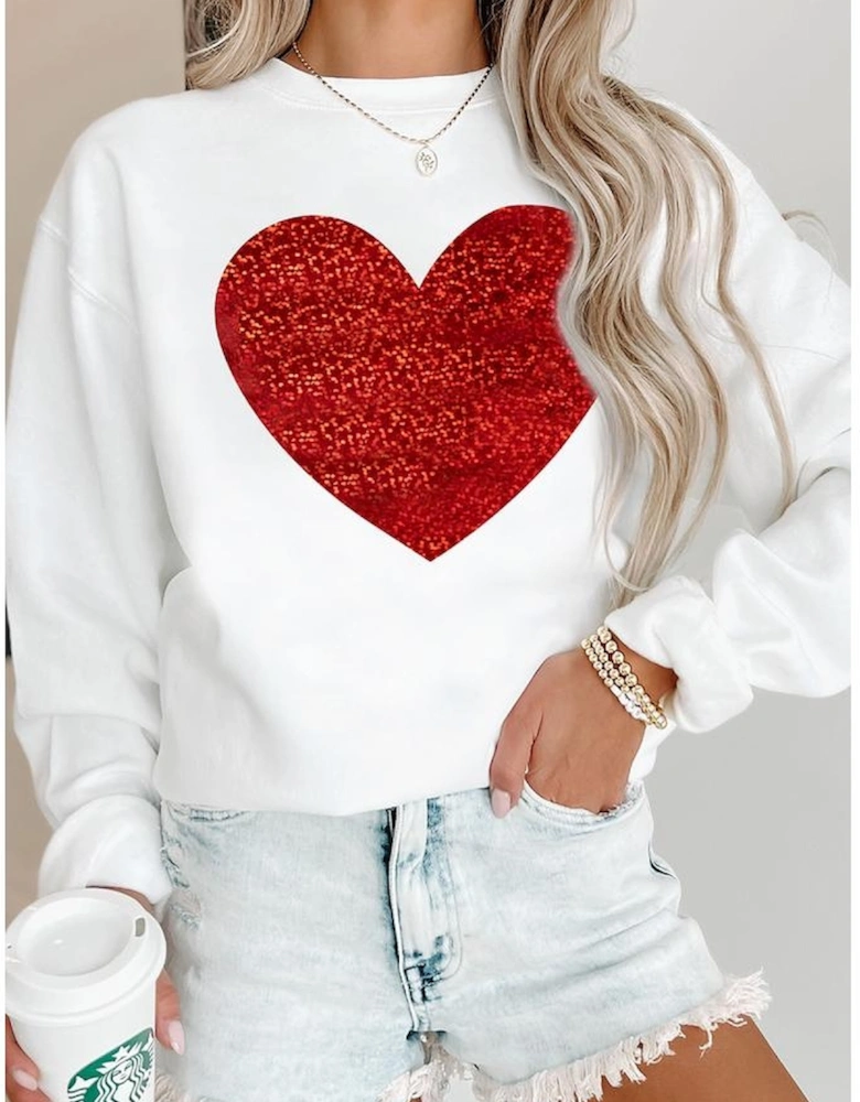 Beige Glitter Valentine Heart Shape Graphic Sweatshirt