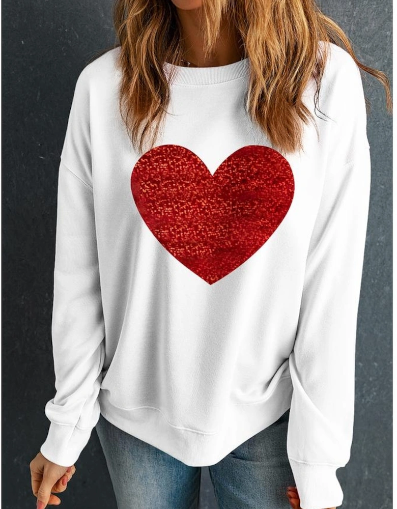 Beige Glitter Valentine Heart Shape Graphic Sweatshirt