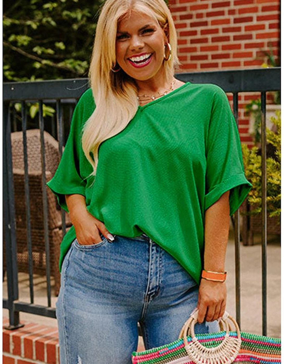 Green Seamed Back High Low Hem V Neck Cuffed Sleeve Plus Size Tee