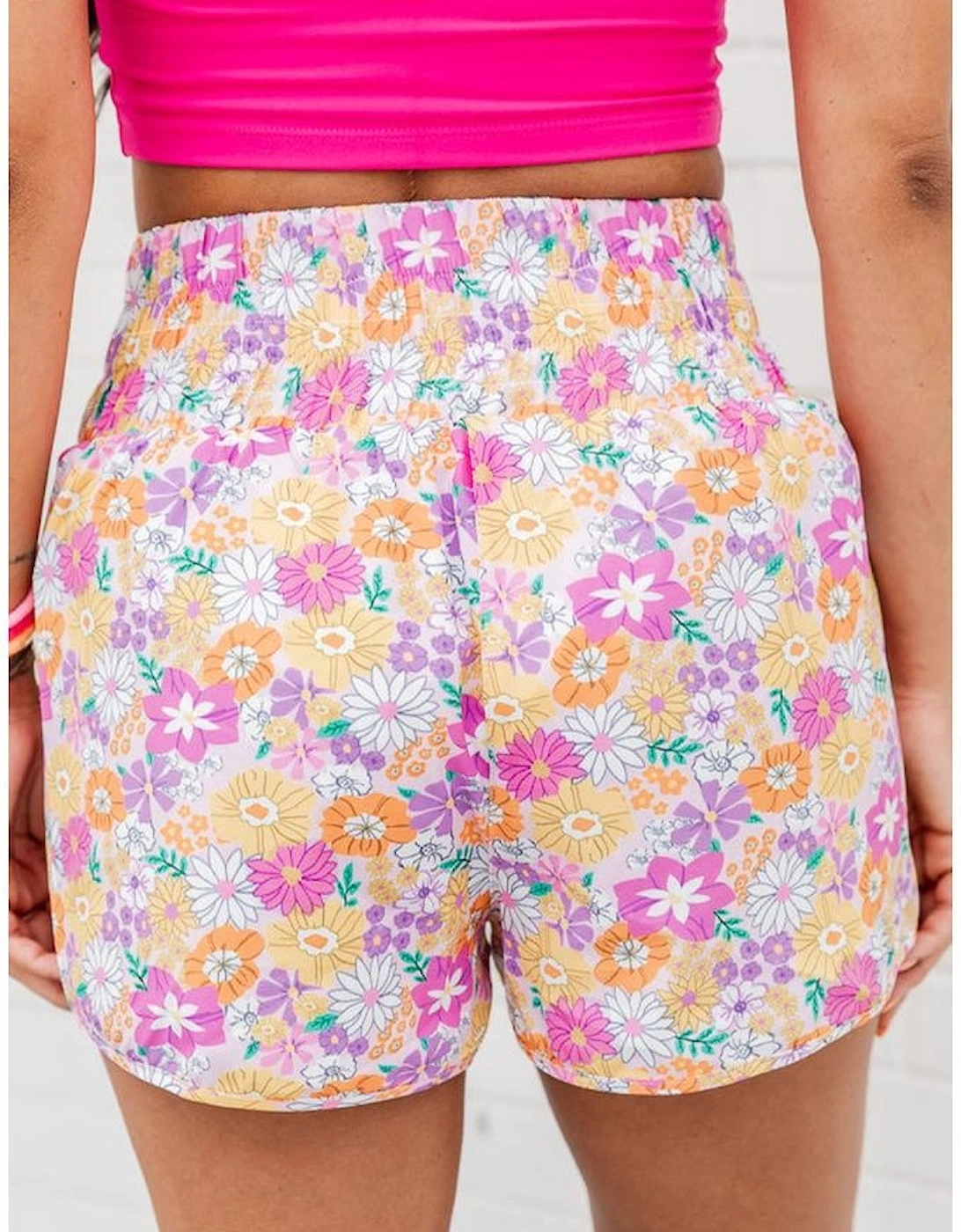 Pink Boho Floral Shirred High Waist Casual Shorts, 11 of 10