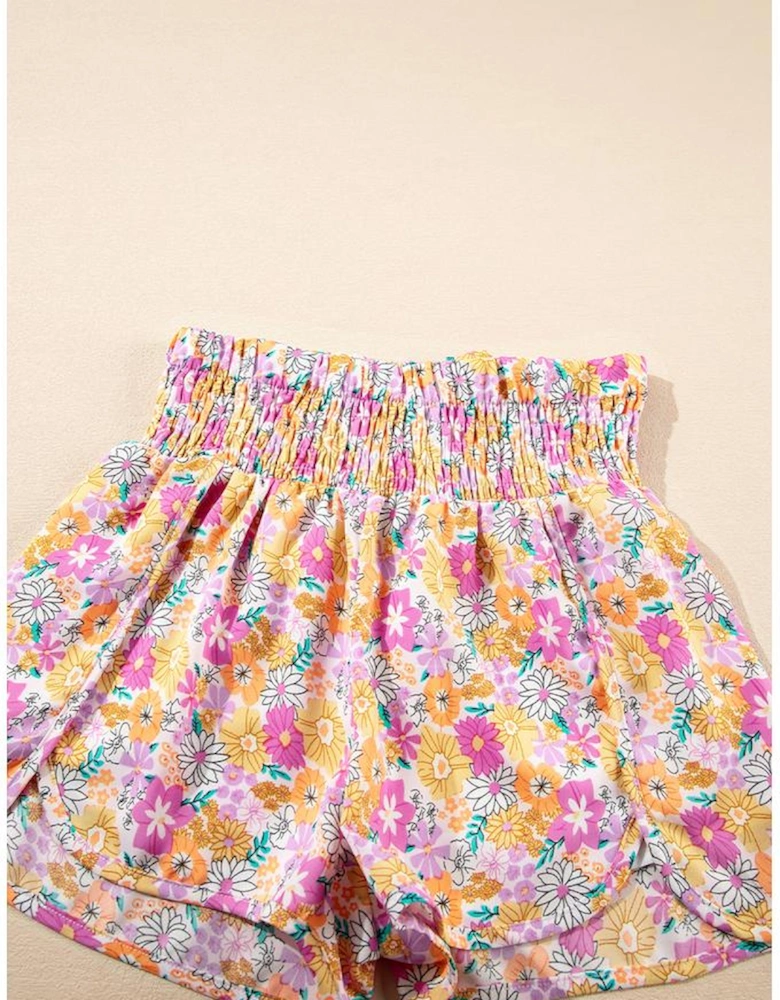 Pink Boho Floral Shirred High Waist Casual Shorts