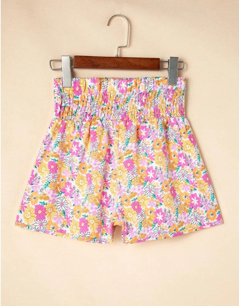 Pink Boho Floral Shirred High Waist Casual Shorts