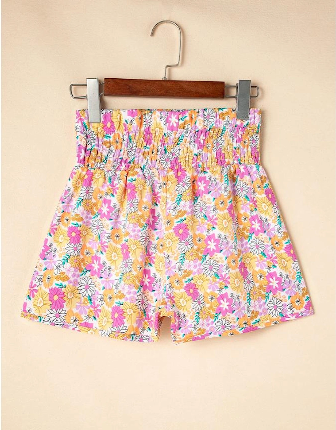 Pink Boho Floral Shirred High Waist Casual Shorts