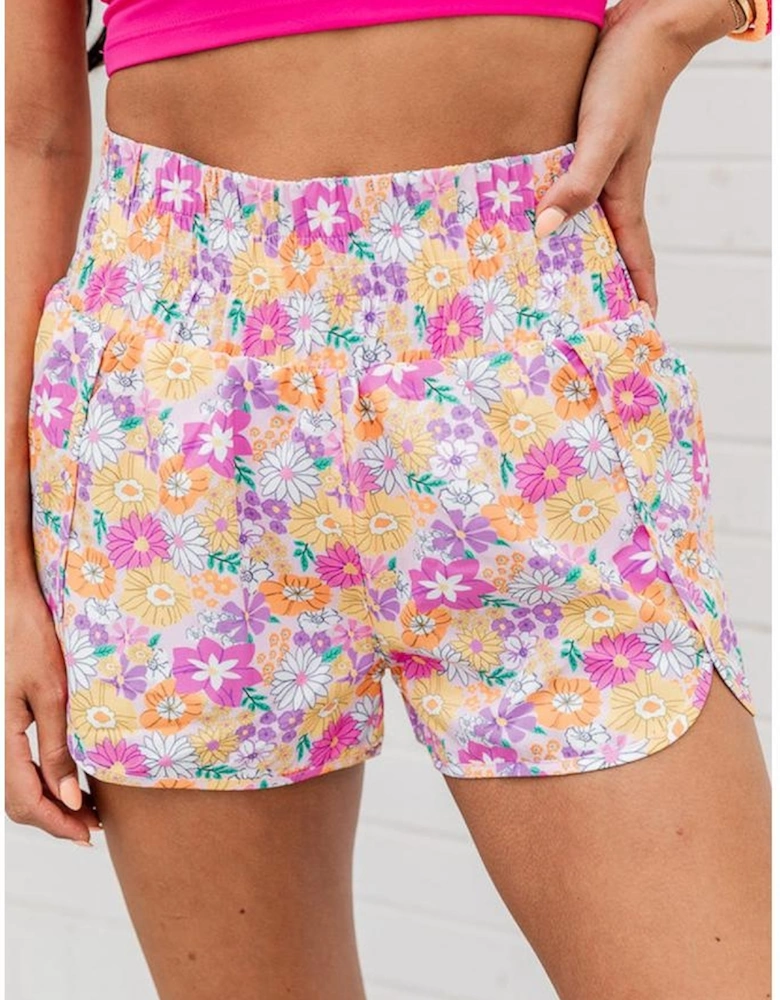 Pink Boho Floral Shirred High Waist Casual Shorts