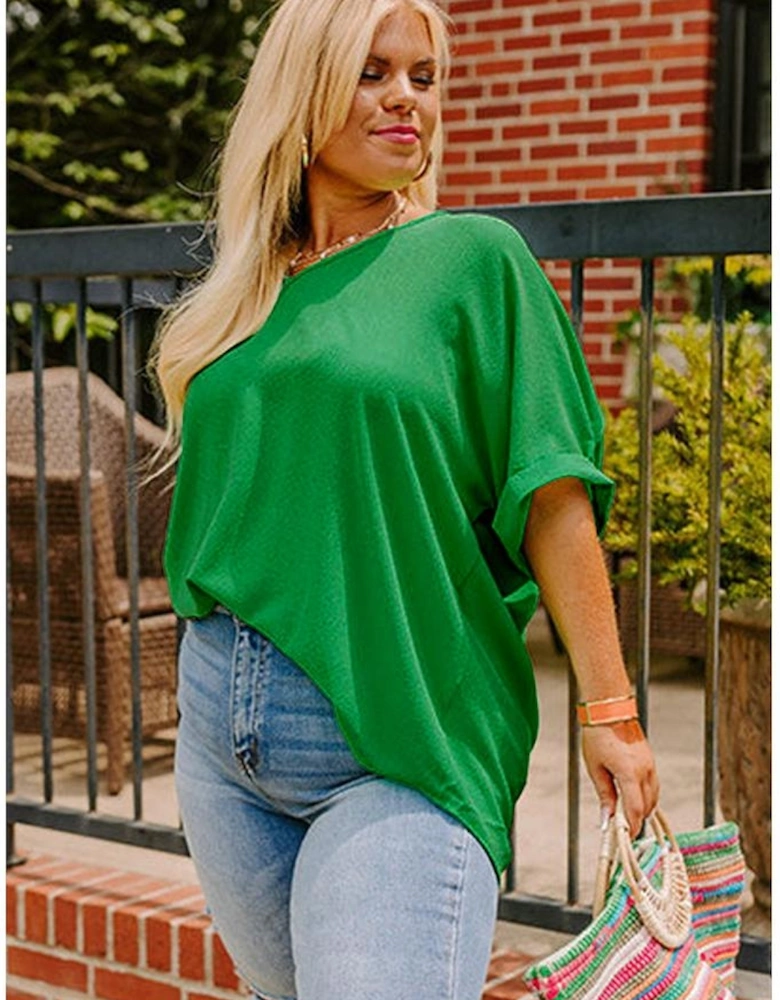 Green Seamed Back High Low Hem V Neck Cuffed Sleeve Plus Size Tee