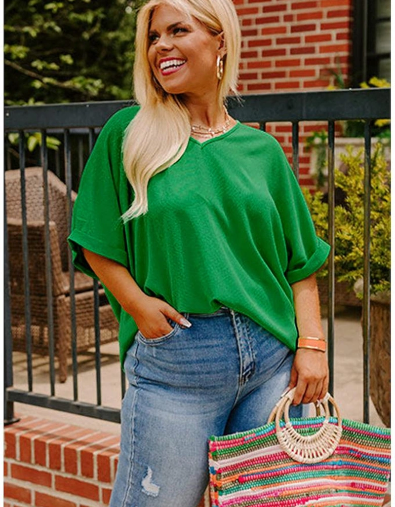 Green Seamed Back High Low Hem V Neck Cuffed Sleeve Plus Size Tee