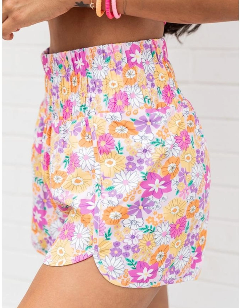 Pink Boho Floral Shirred High Waist Casual Shorts