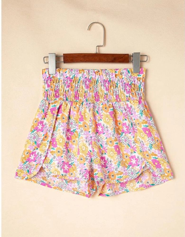 Pink Boho Floral Shirred High Waist Casual Shorts