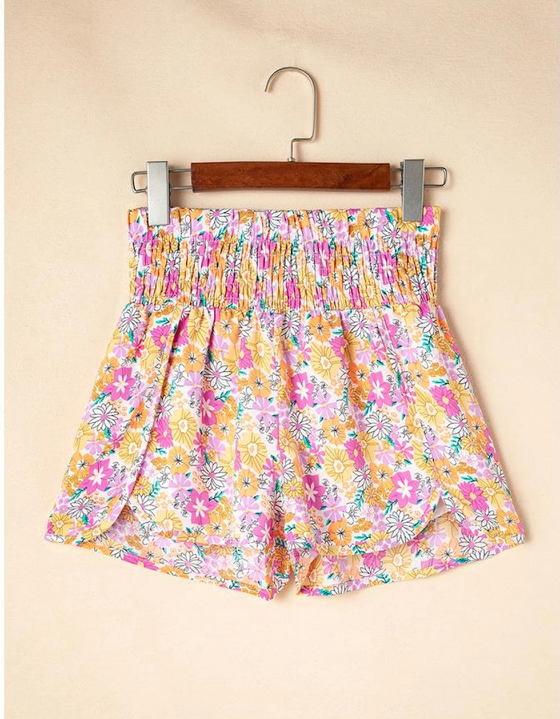 Pink Boho Floral Shirred High Waist Casual Shorts