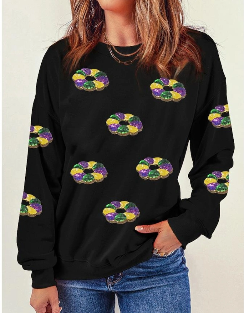 Black Sequined Donuts of Mardi Gras Colors Drop Shoulder Sweatshirt