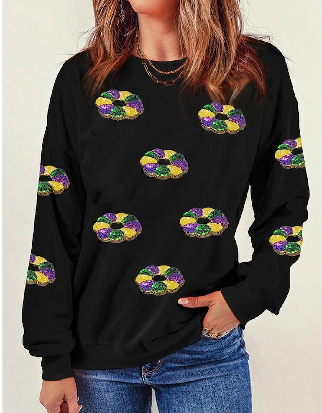 Black Sequined Donuts of Mardi Gras Colors Drop Shoulder Sweatshirt