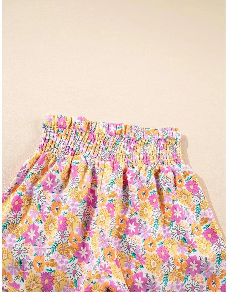 Pink Boho Floral Shirred High Waist Casual Shorts