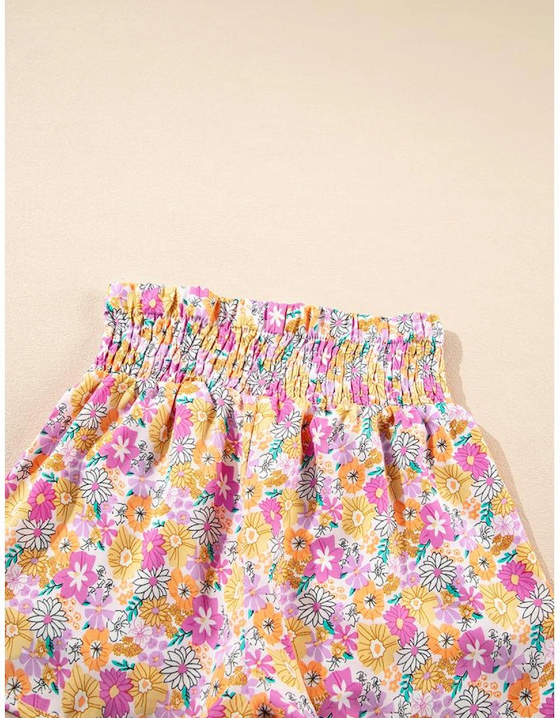 Pink Boho Floral Shirred High Waist Casual Shorts