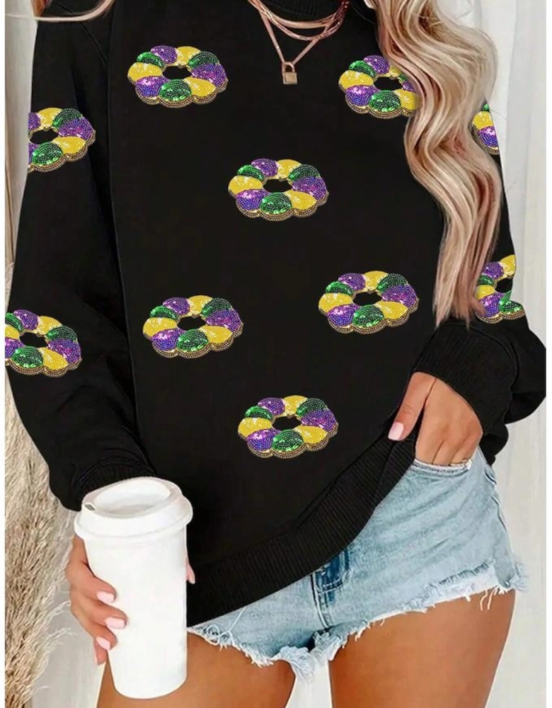 Black Sequined Donuts of Mardi Gras Colors Drop Shoulder Sweatshirt