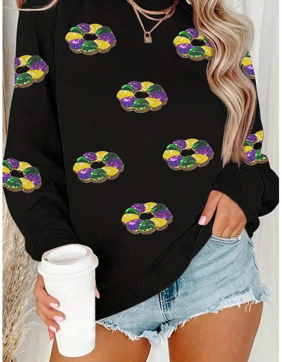 Black Sequined Donuts of Mardi Gras Colors Drop Shoulder Sweatshirt