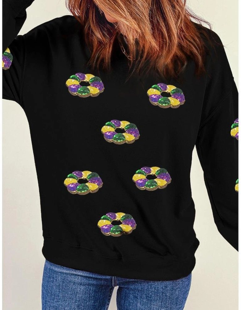 Black Sequined Donuts of Mardi Gras Colors Drop Shoulder Sweatshirt
