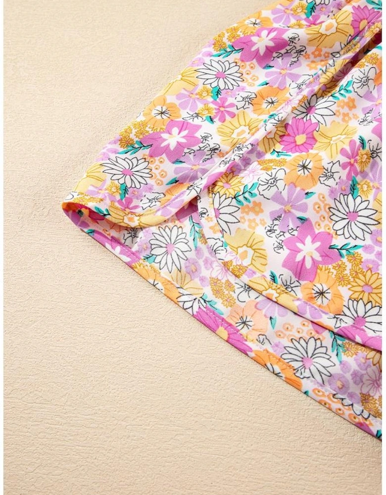 Pink Boho Floral Shirred High Waist Casual Shorts