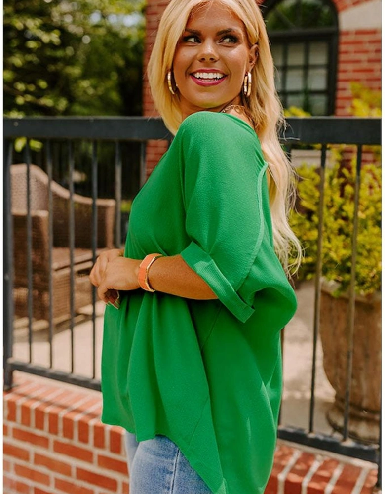 Green Seamed Back High Low Hem V Neck Cuffed Sleeve Plus Size Tee