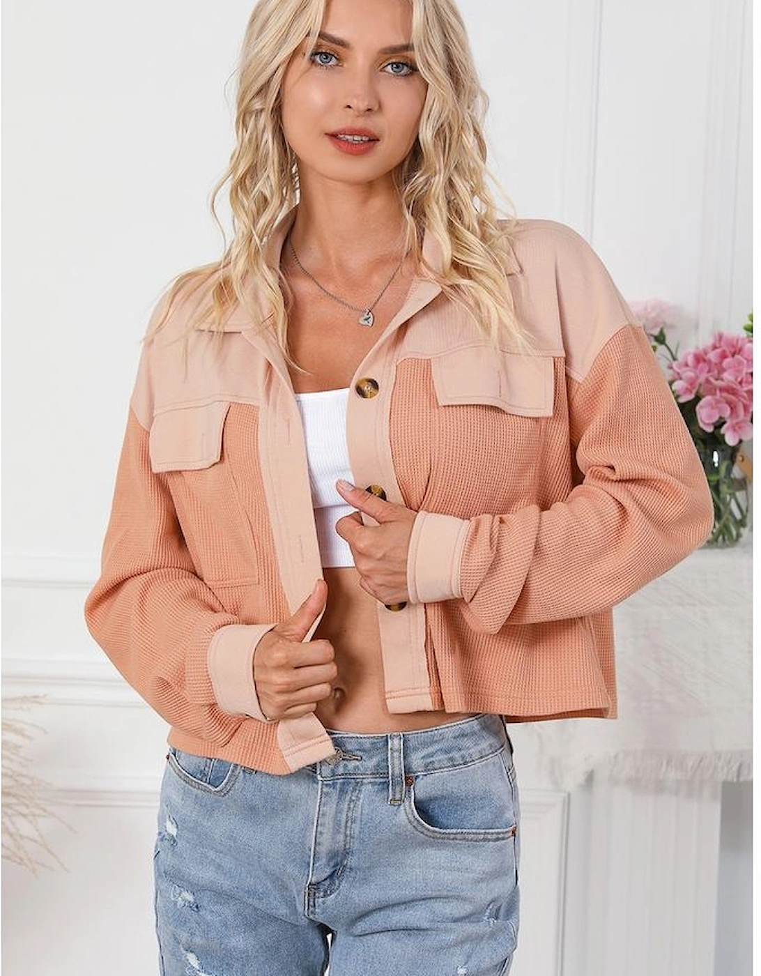 Orange Textured Waffle Knit Chest Pockets Cropped Shacket