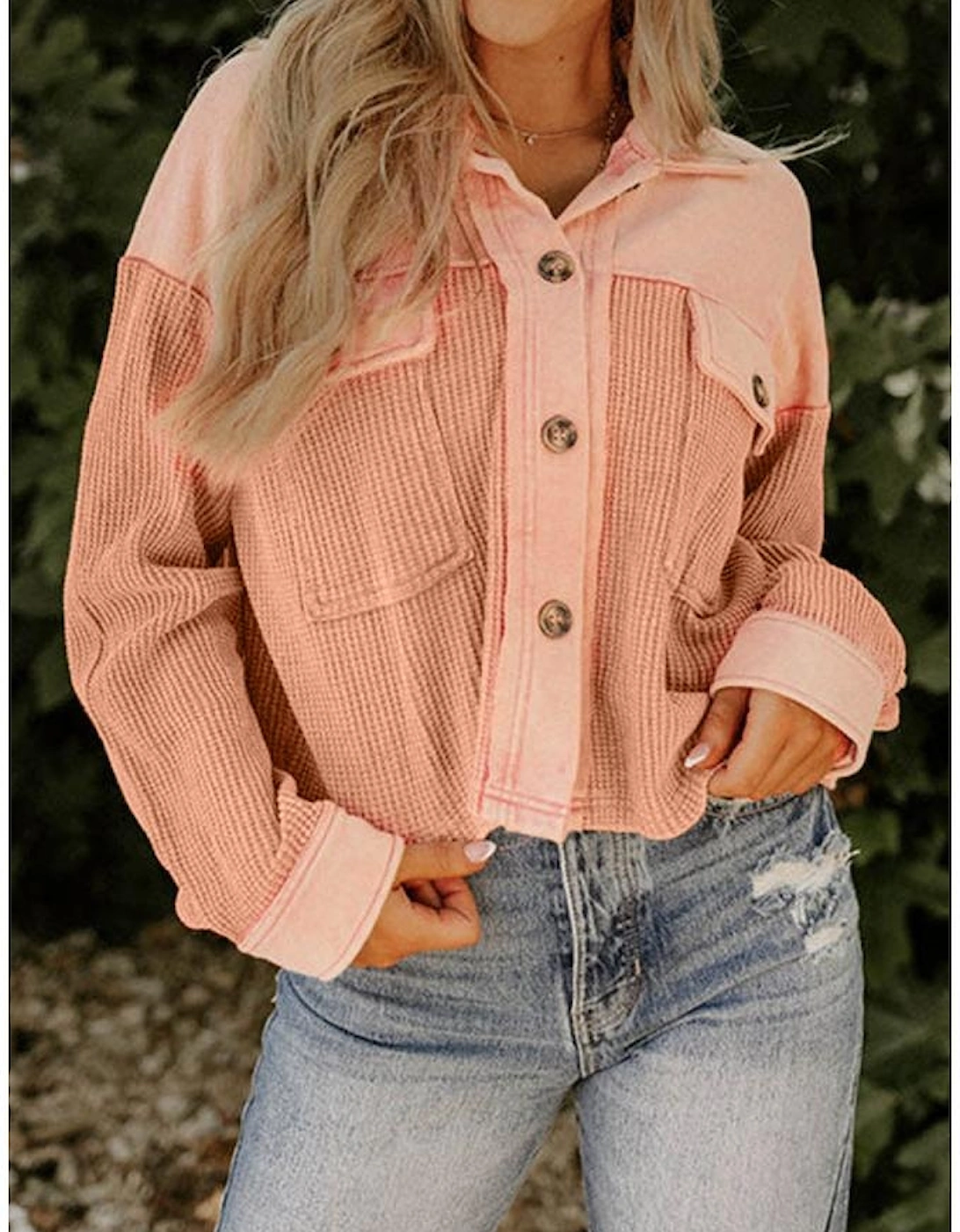 Orange Textured Waffle Knit Chest Pockets Cropped Shacket