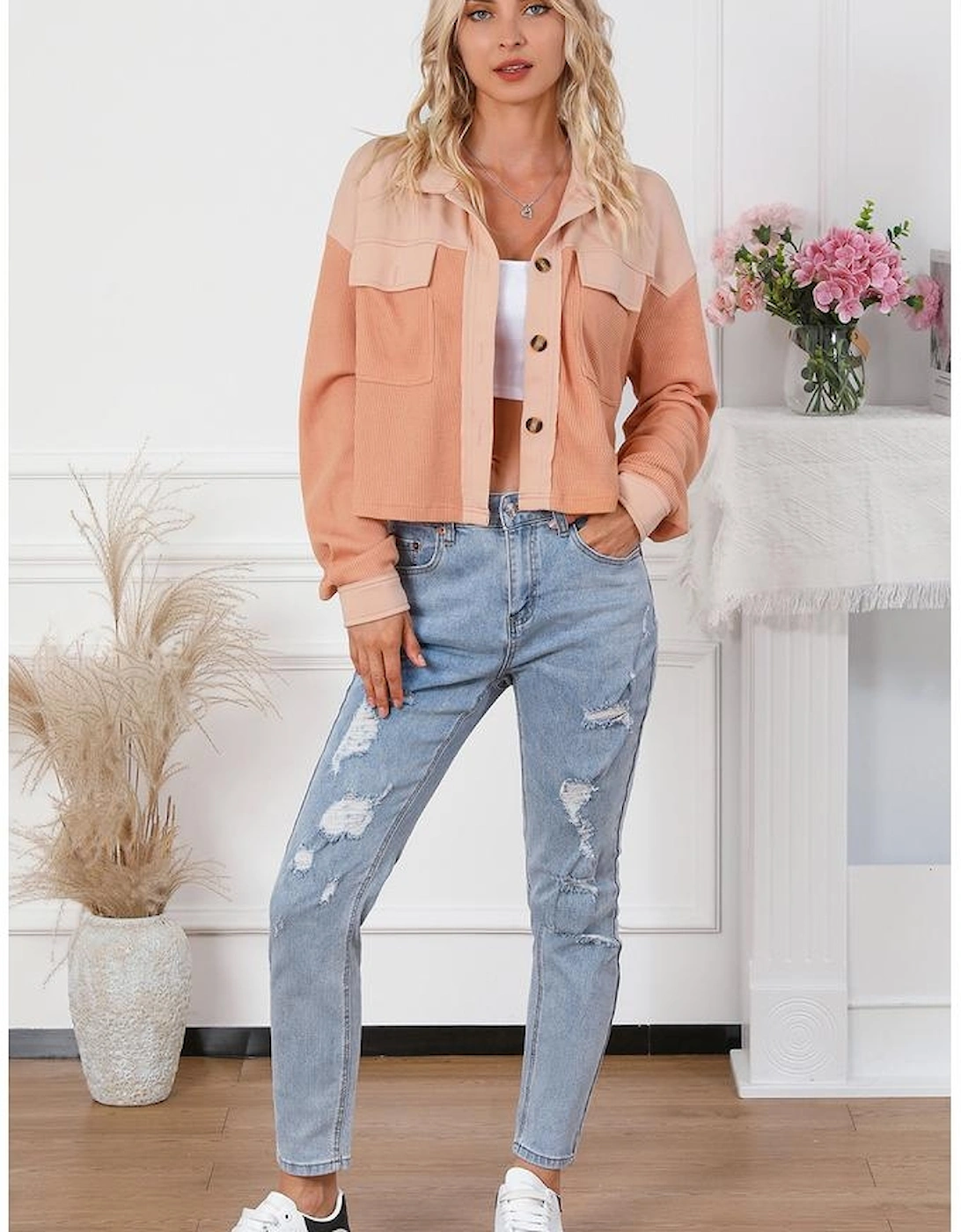 Orange Textured Waffle Knit Chest Pockets Cropped Shacket