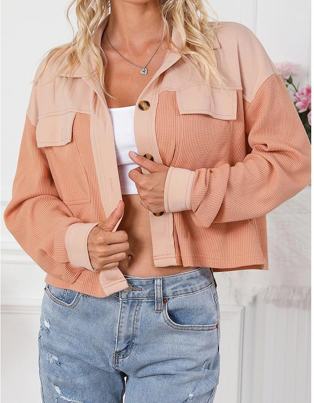 Orange Textured Waffle Knit Chest Pockets Cropped Shacket