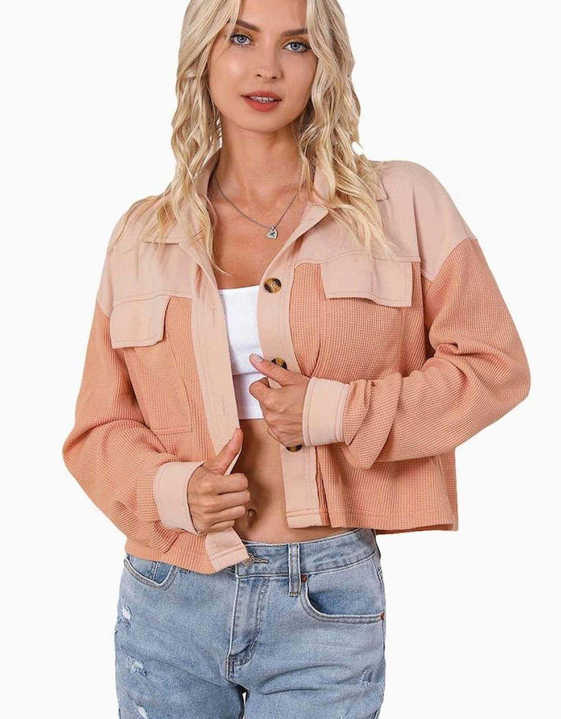 Orange Textured Waffle Knit Chest Pockets Cropped Shacket