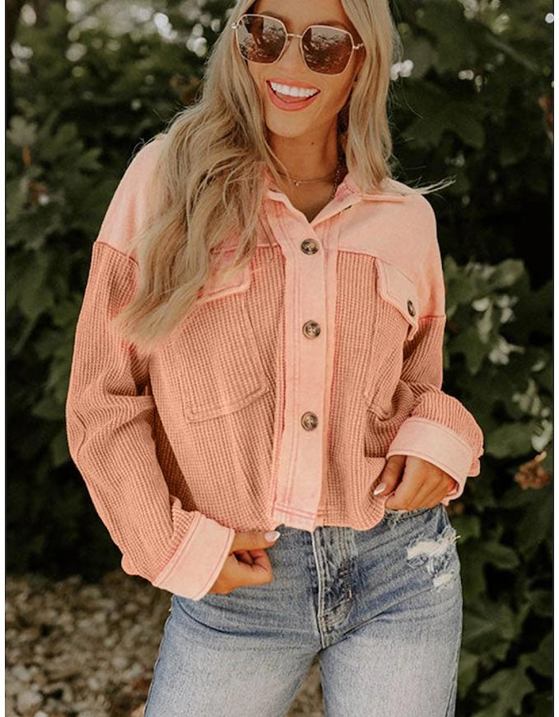 Orange Textured Waffle Knit Chest Pockets Cropped Shacket