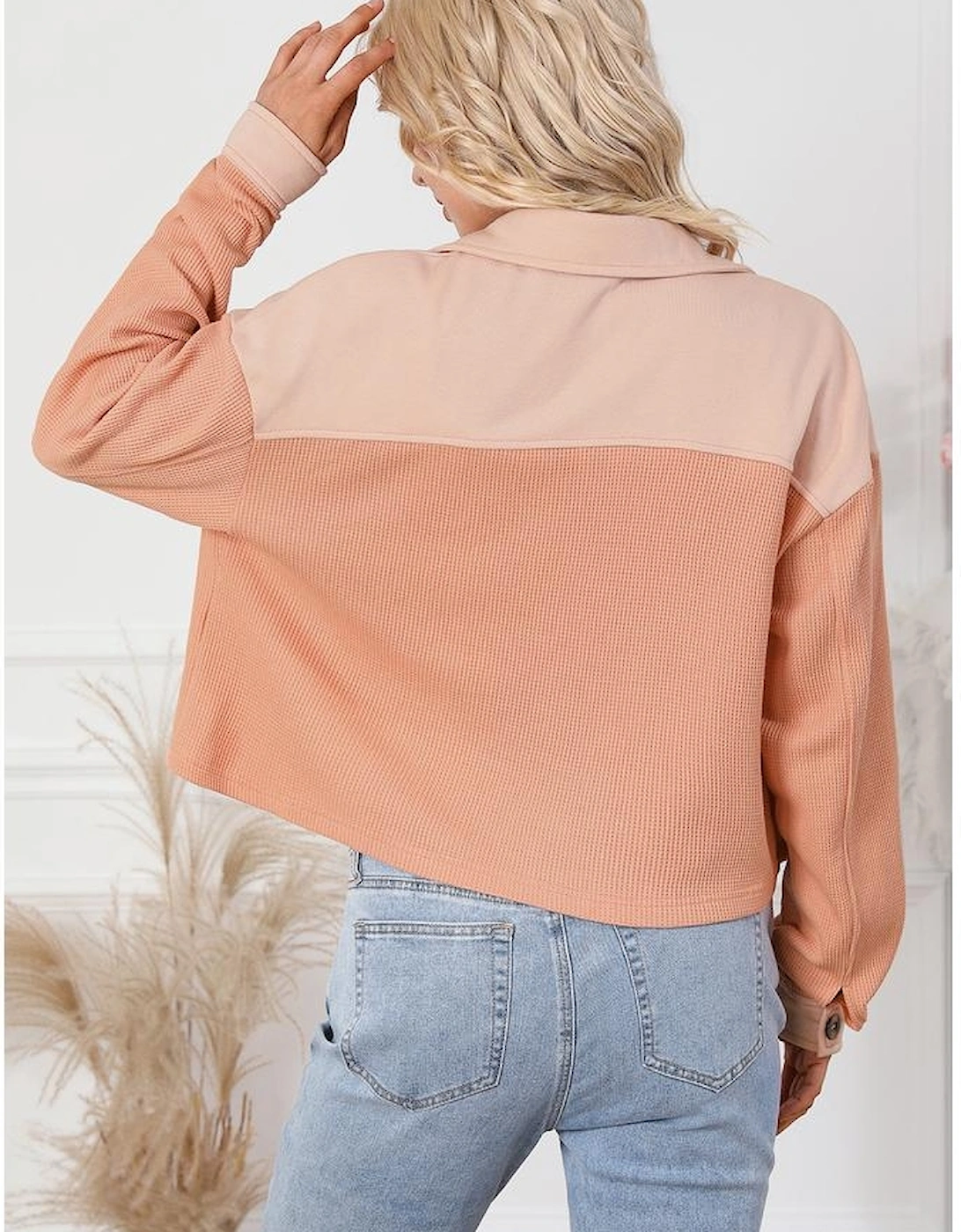 Orange Textured Waffle Knit Chest Pockets Cropped Shacket