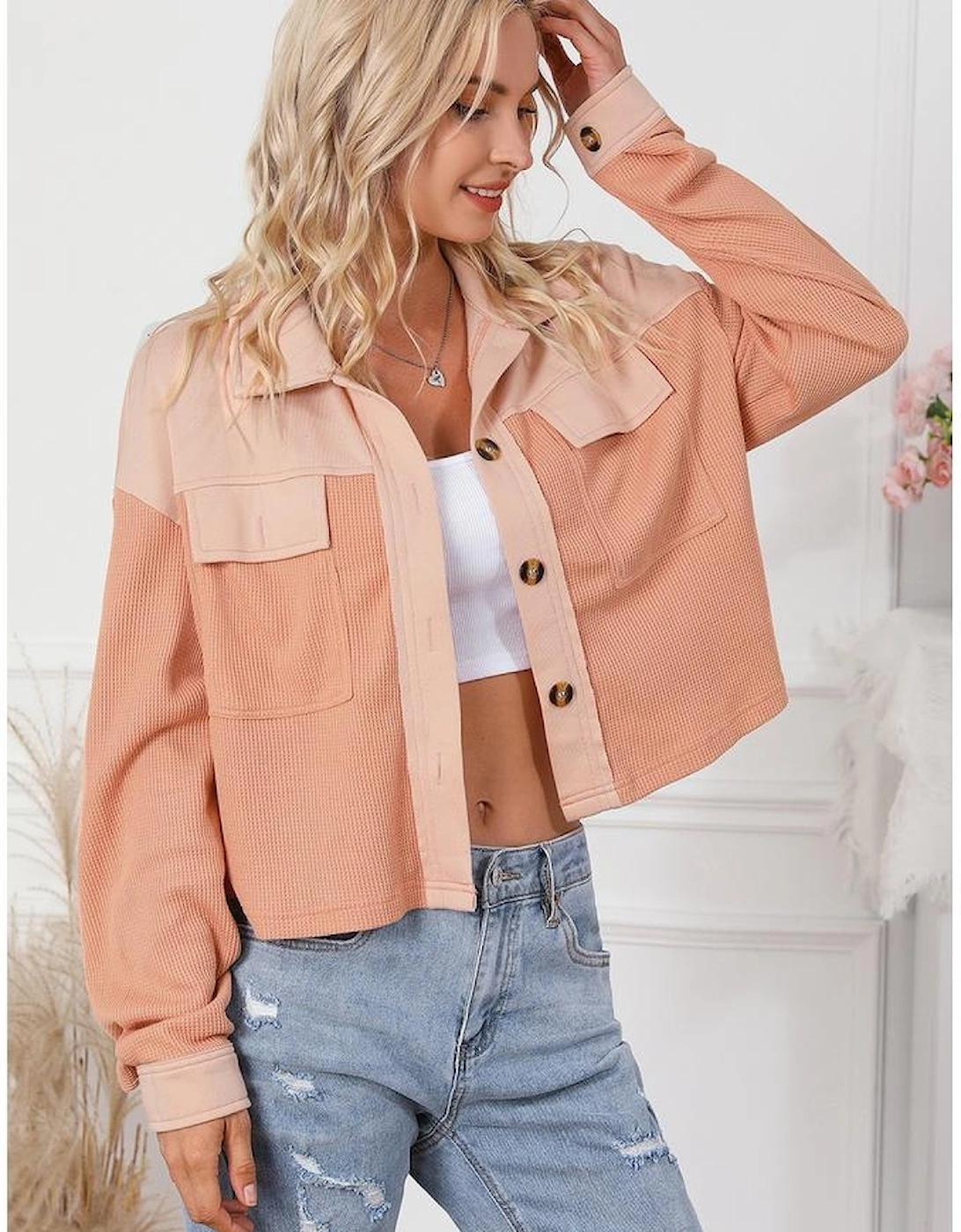 Orange Textured Waffle Knit Chest Pockets Cropped Shacket