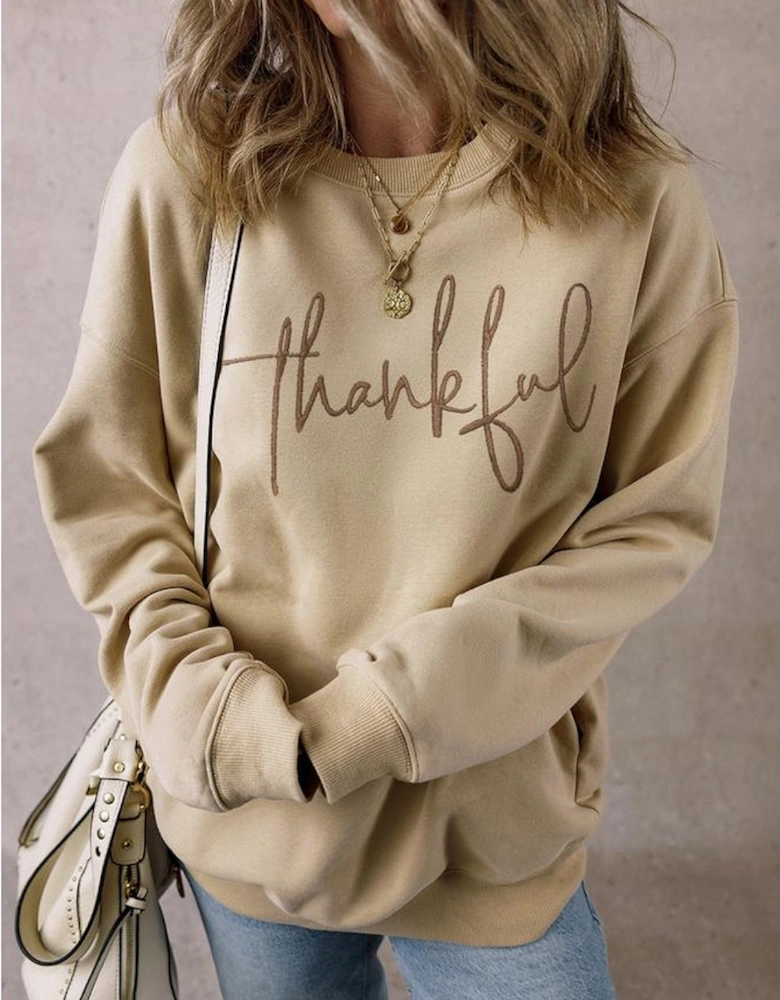 Parchment thankful Embroidered Drop Shoulder Pullover Sweatshirt