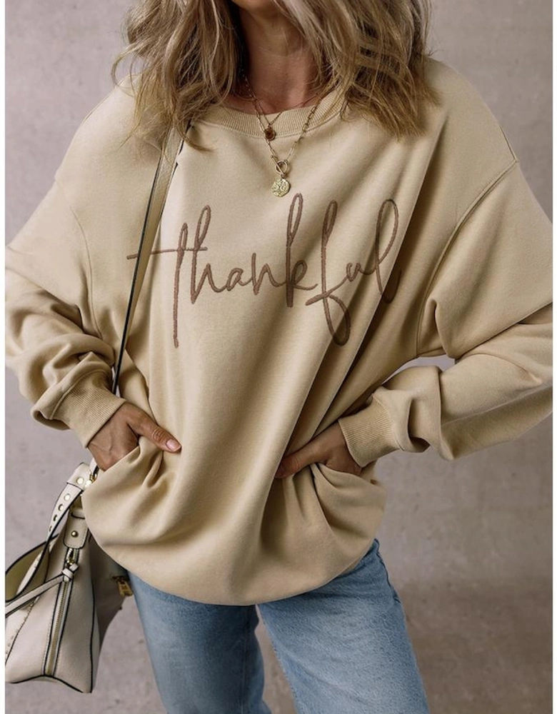 Parchment thankful Embroidered Drop Shoulder Pullover Sweatshirt