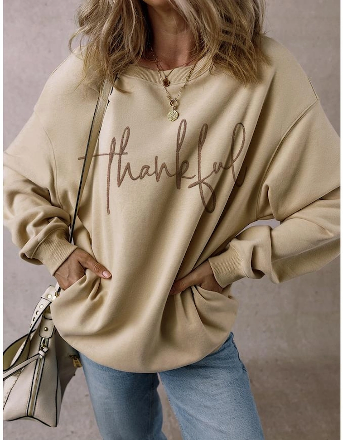 Parchment thankful Embroidered Drop Shoulder Pullover Sweatshirt