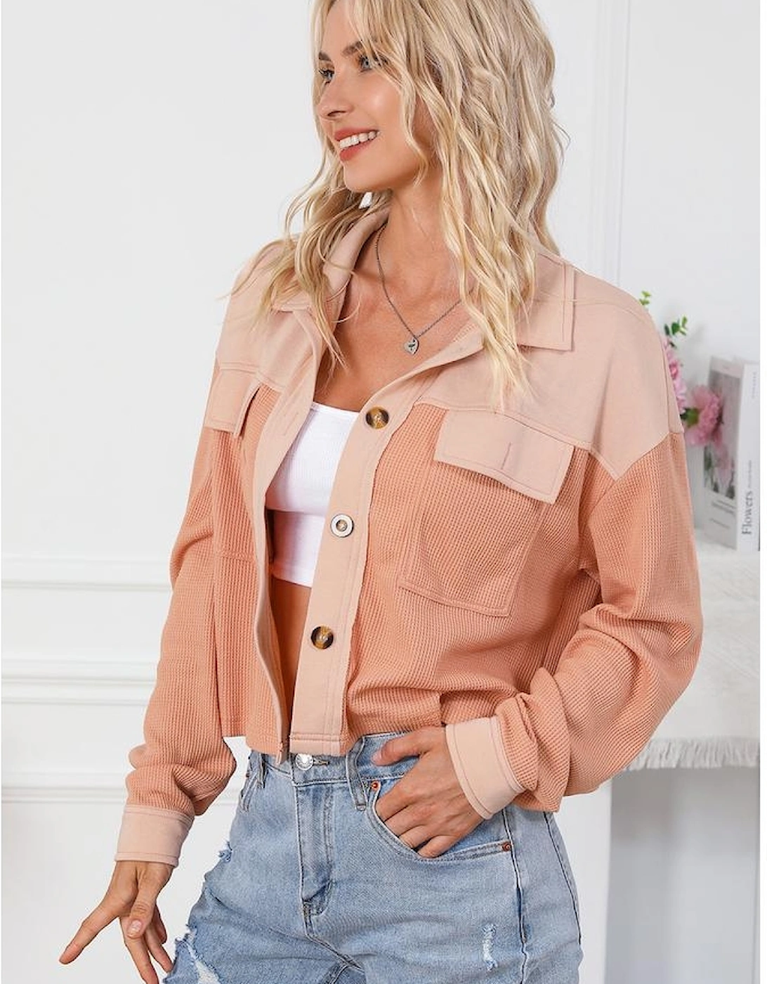 Orange Textured Waffle Knit Chest Pockets Cropped Shacket