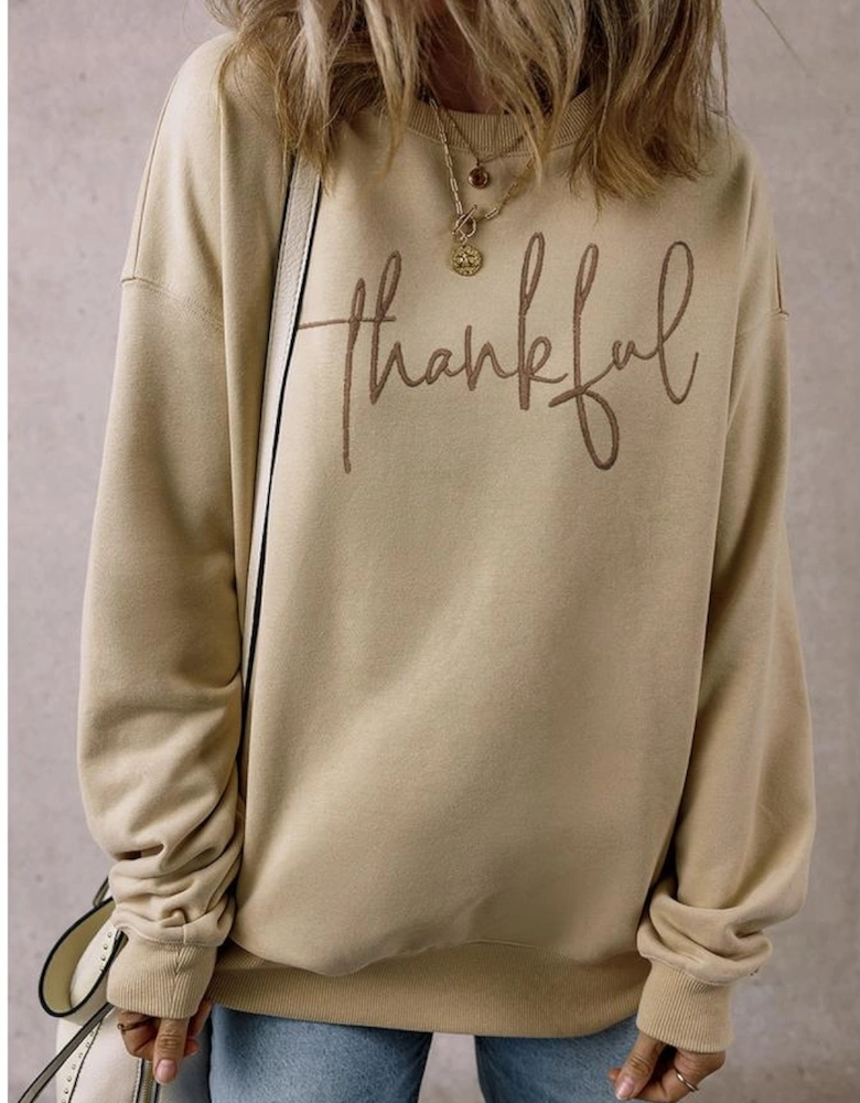 Parchment thankful Embroidered Drop Shoulder Pullover Sweatshirt