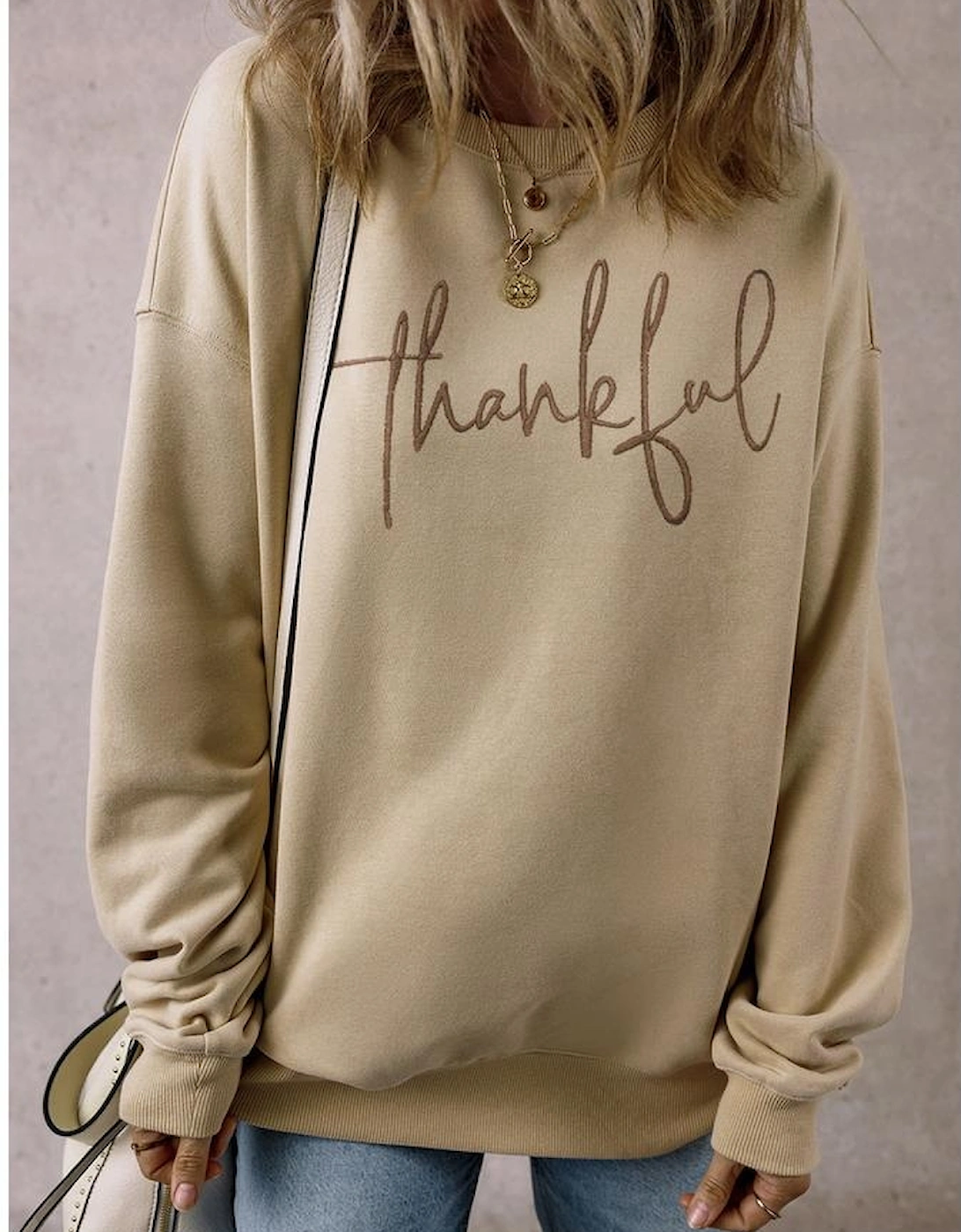 Parchment thankful Embroidered Drop Shoulder Pullover Sweatshirt