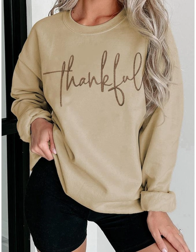Parchment thankful Embroidered Drop Shoulder Pullover Sweatshirt
