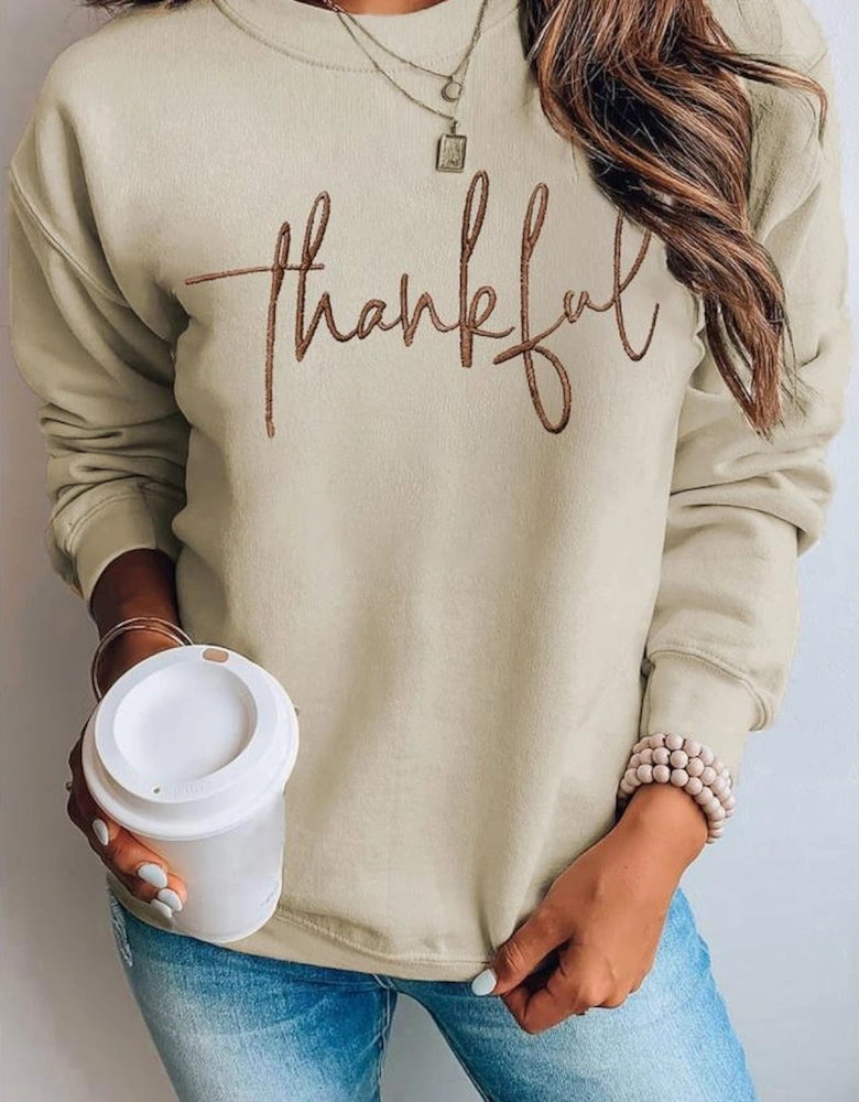 Parchment thankful Embroidered Drop Shoulder Pullover Sweatshirt