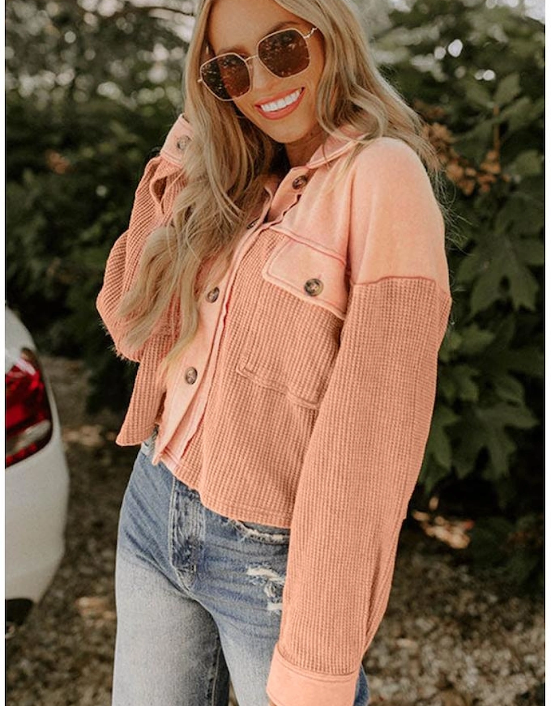 Orange Textured Waffle Knit Chest Pockets Cropped Shacket