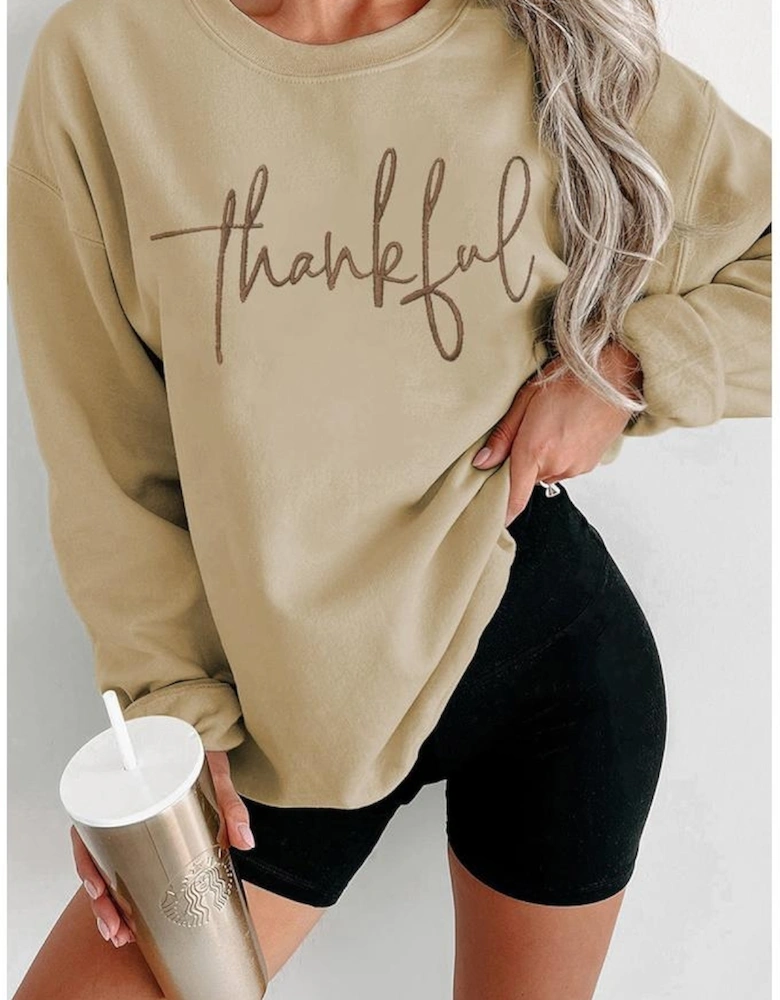Parchment thankful Embroidered Drop Shoulder Pullover Sweatshirt
