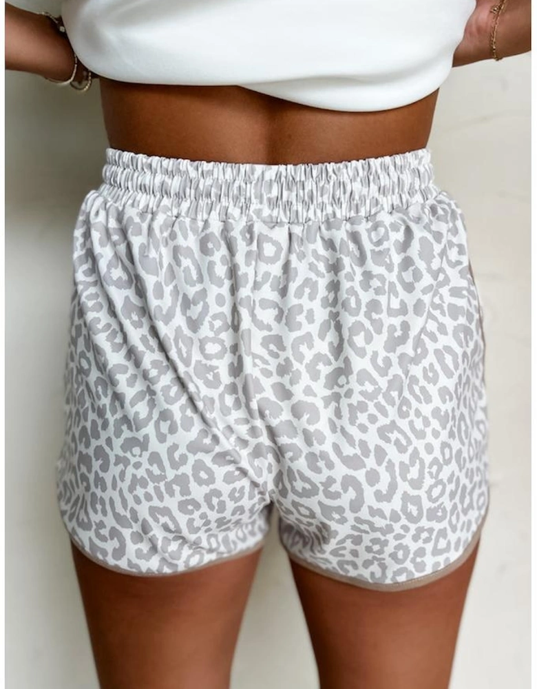 White Leopard Elastic Waist Lace up Contrast Trim Casual Shorts