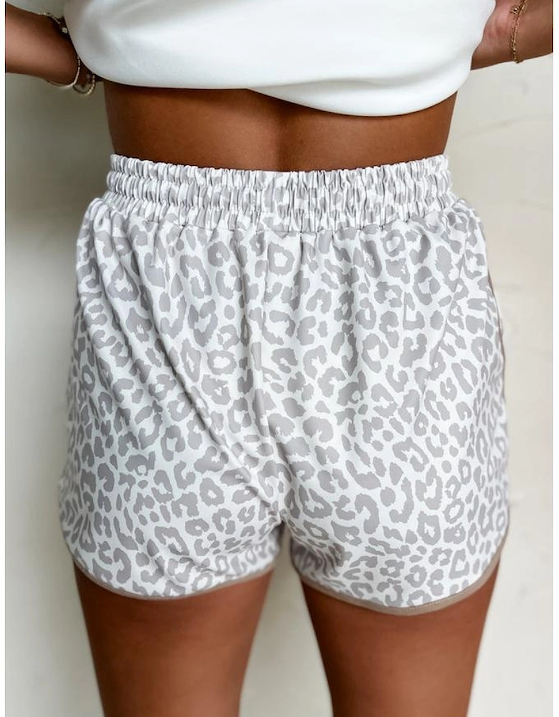 White Leopard Elastic Waist Lace up Contrast Trim Casual Shorts