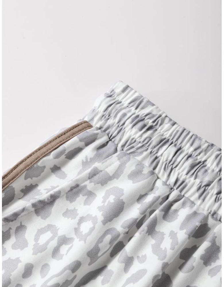 White Leopard Elastic Waist Lace up Contrast Trim Casual Shorts