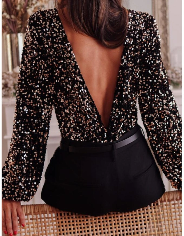 Black Deep V Back Sequin Puff Sleeve Bodysuit