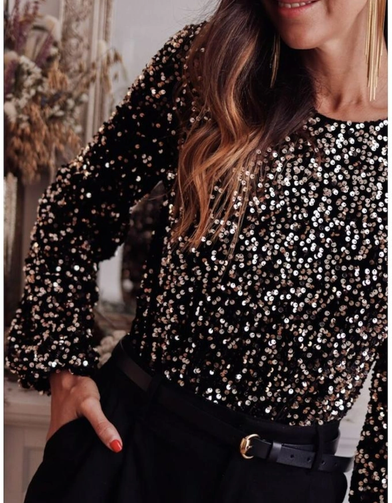 Black Deep V Back Sequin Puff Sleeve Bodysuit