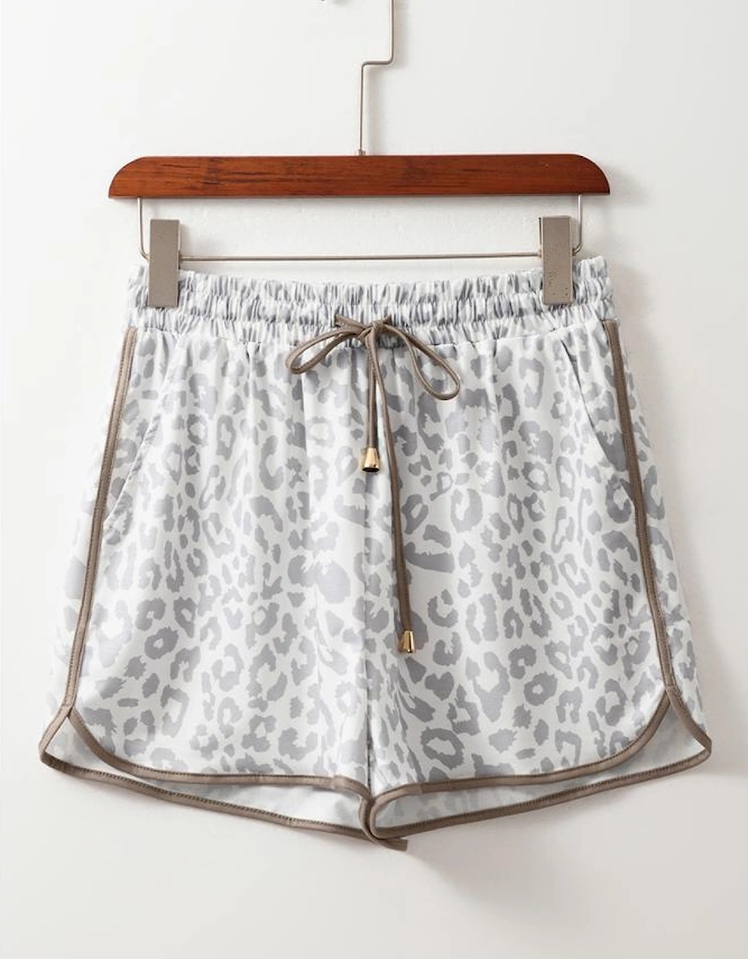 White Leopard Elastic Waist Lace up Contrast Trim Casual Shorts