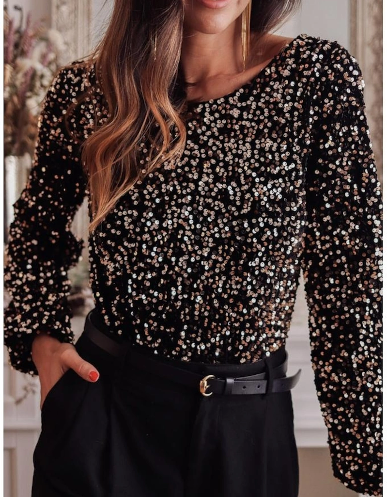 Black Deep V Back Sequin Puff Sleeve Bodysuit