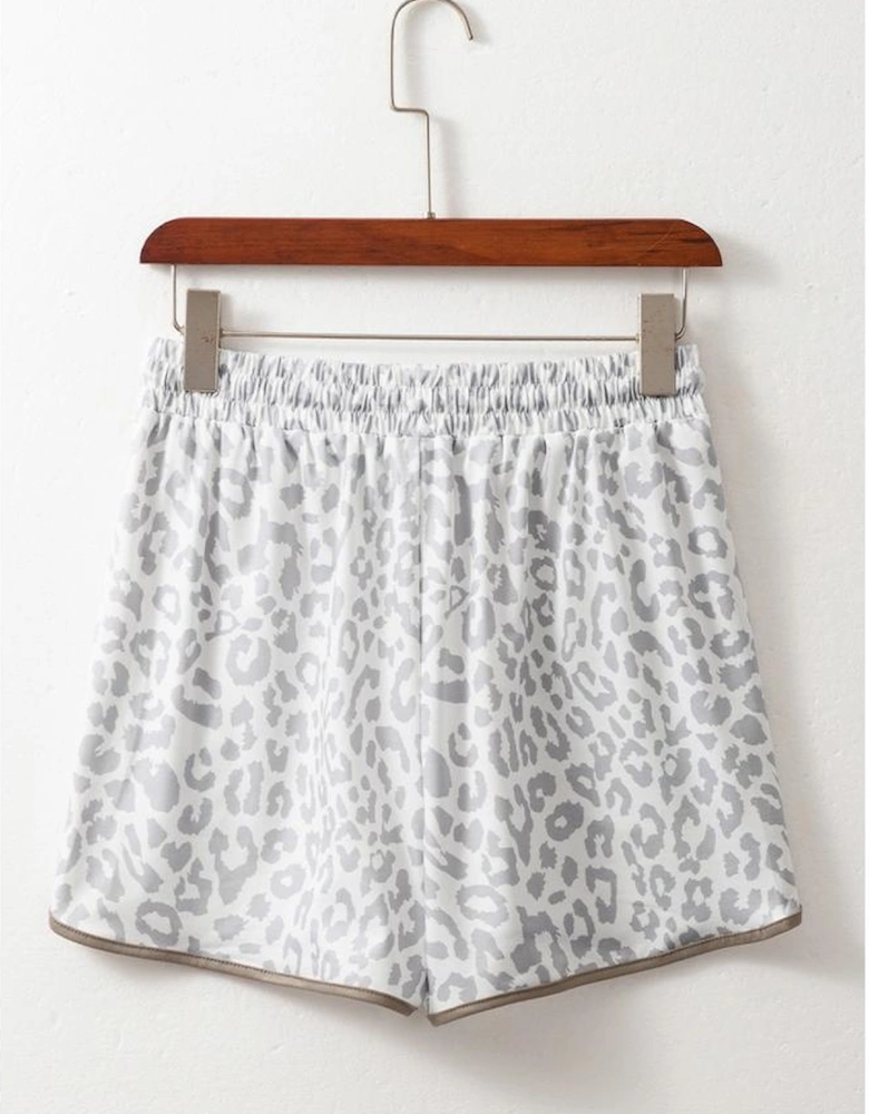 White Leopard Elastic Waist Lace up Contrast Trim Casual Shorts
